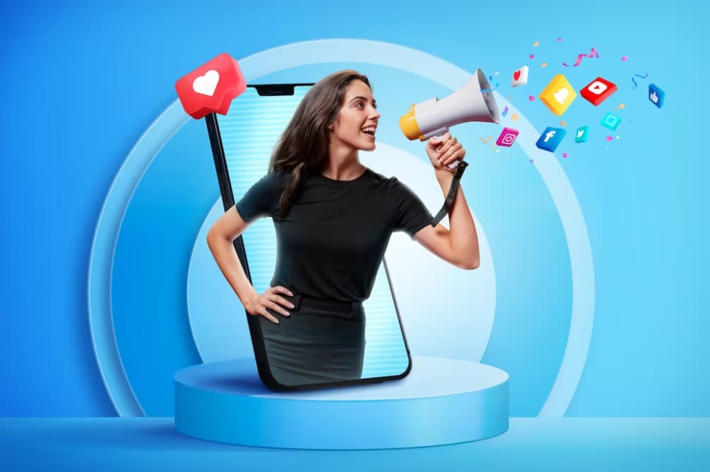 A woman steps out of a giant smartphone, holding a megaphone with social icons
