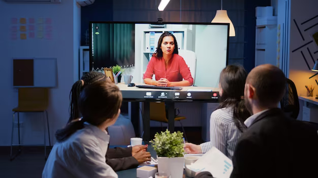 A group of colleagues are discussing something over a video call